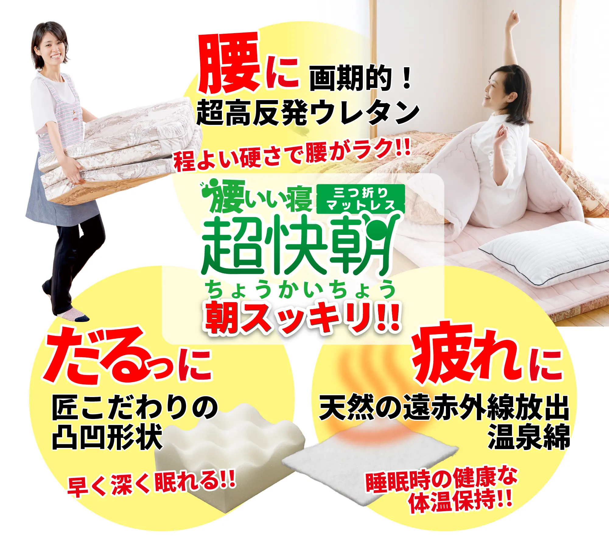 腰に画期的！超高反発ウレタン。程よい硬さで腰がラク!！朝すっきり！!だるっに匠こだたわりの凸凹形状で早く深く眠れる！！疲れに天然の遠赤外線放出温泉綿が睡眠時の健康な体温を保持！！腰いい寝 超快朝
