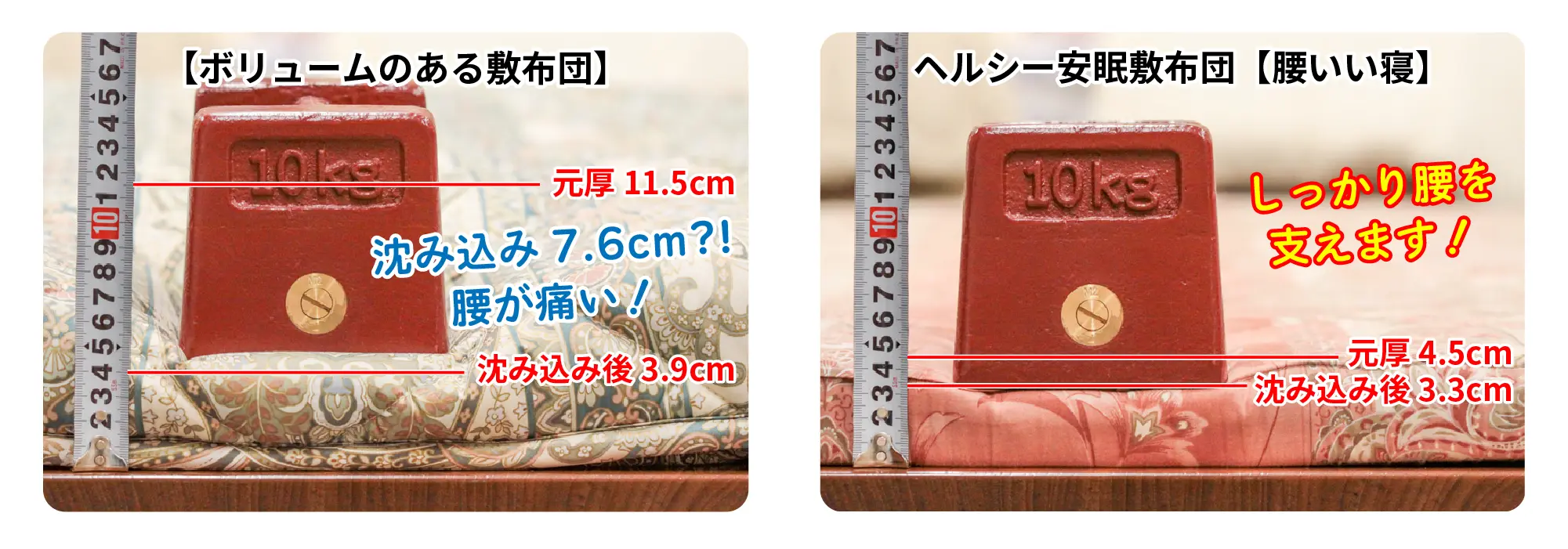 ボリュームのあるマットレスと凸凹加工の超高反発ウレタンのマットレスの比較