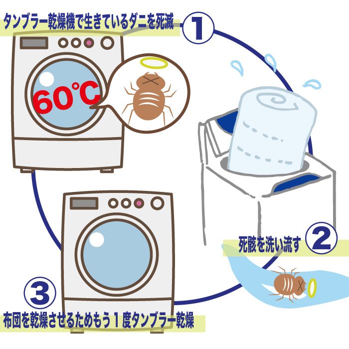 布団を洗濯でダニ対策するには、タンブラー乾燥機で生きているダニを死滅させ、死骸を洗い流し、布団を乾燥させるためもう1度タンブラー乾燥の順番がいいです。