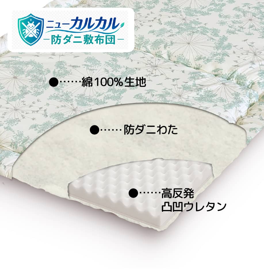 防ダニわたを使った軽い敷布団「ニューカルカル防ダニ敷布団」