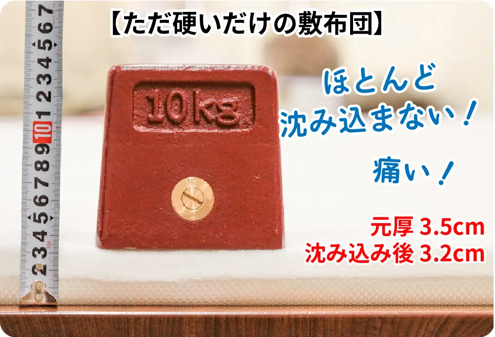 ただ硬いだけのマットレスはほとんど沈み込まないから痛い！