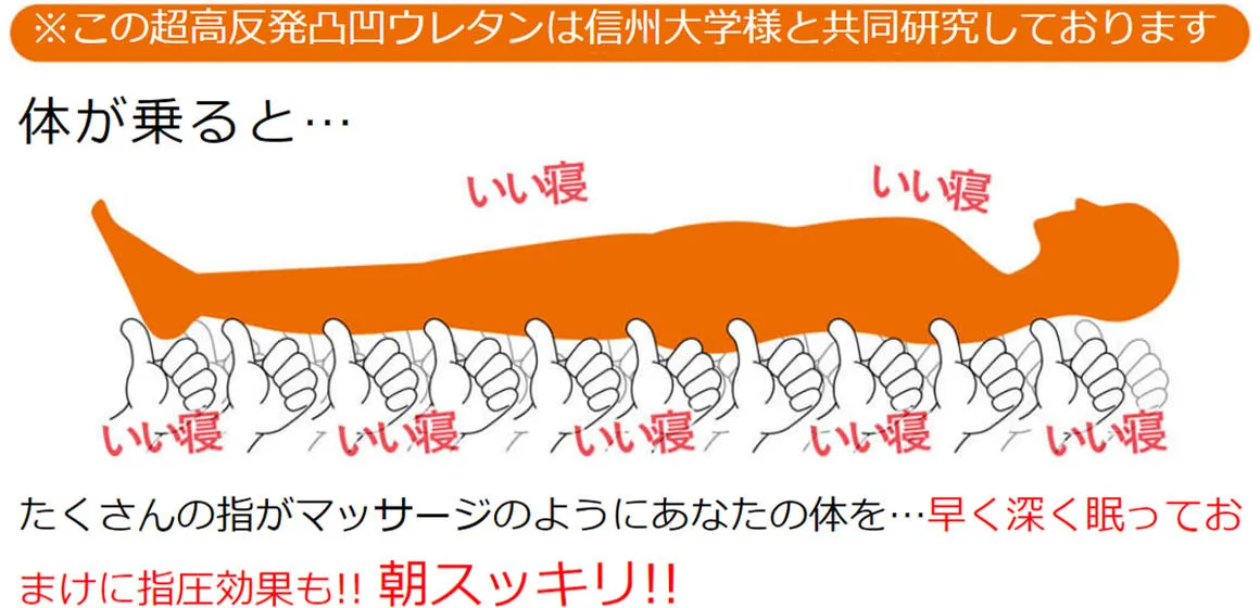 この超高反発凸凹ウレタンは信州大学様と共同研究しております。体が乗ると…たくさんの指がマッサージのようにあなたの体を…早く深く眠っておまけに指圧こうかも！！朝スッキリ！！