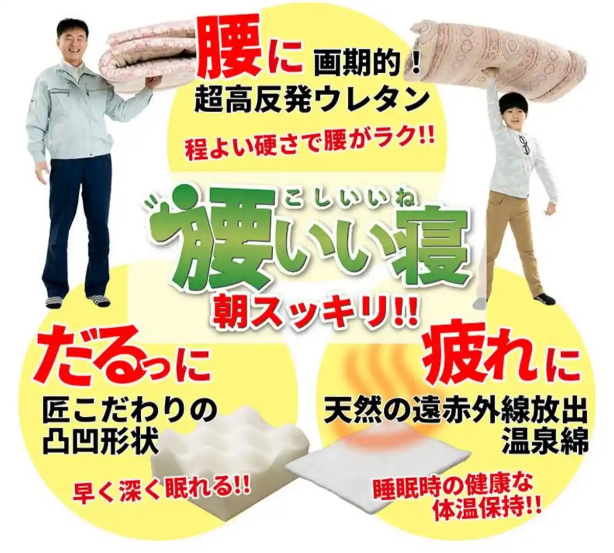 腰に画期的！超高反発ウレタン。程よい硬さで腰がラク!！朝すっきり！!だるっに匠子だたわいの凸凹形状で早く深く眠れる！！疲れに天然の遠赤外線放出温泉綿が睡眠時の健康な体温を保持！！腰いい寝