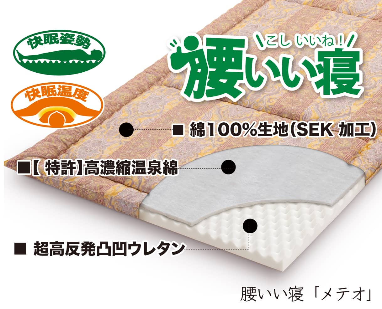 健康新素材【特許】温泉綿ヘルシー安眠スタイルの敷布団に使われています。 健康素材【特許】温泉綿ヘルシー安眠スタイルの敷布団に使われています。